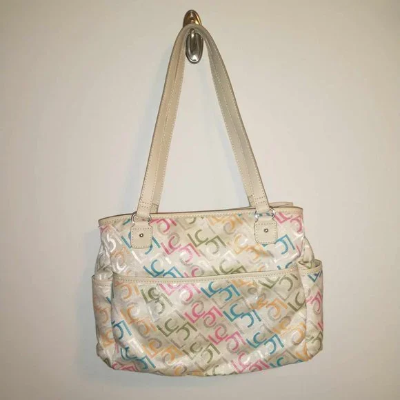 NWT Liz Claiborne Handbag, khaki with multi color LC's, - Picture 3 of 16